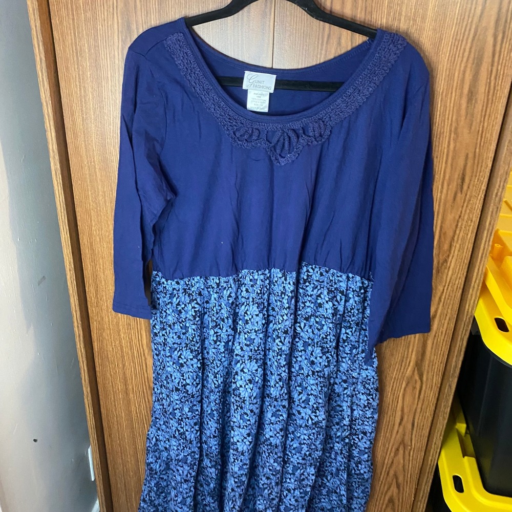 Gunit Fashions Midi Dress Womens 1X Blue Floral Crochet‎ Neck Cotton